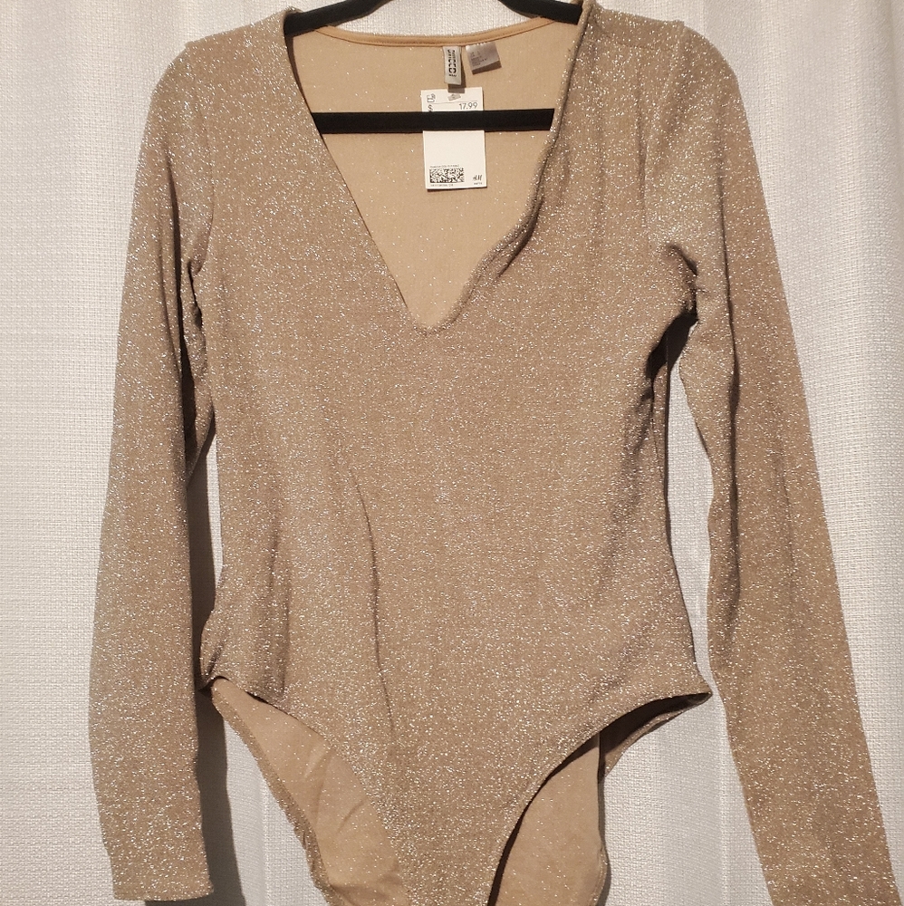 NWT HM Beige Glitter Vneck Bodysuit